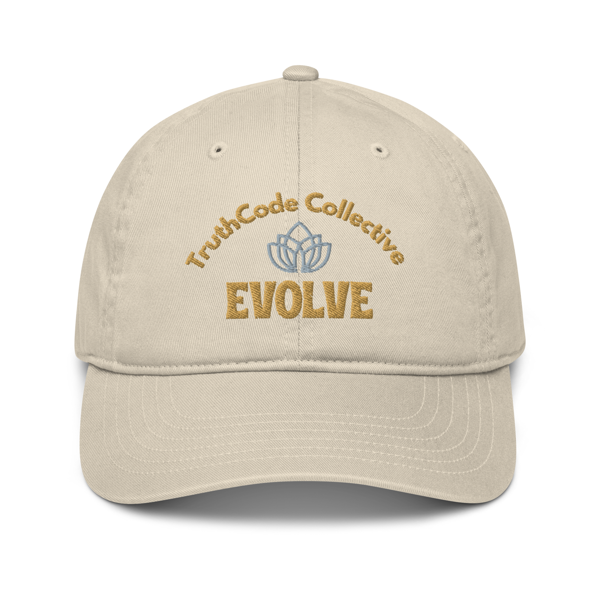 Beige cap with embroidered lotus logo and text 'Truthcode collective evolve'