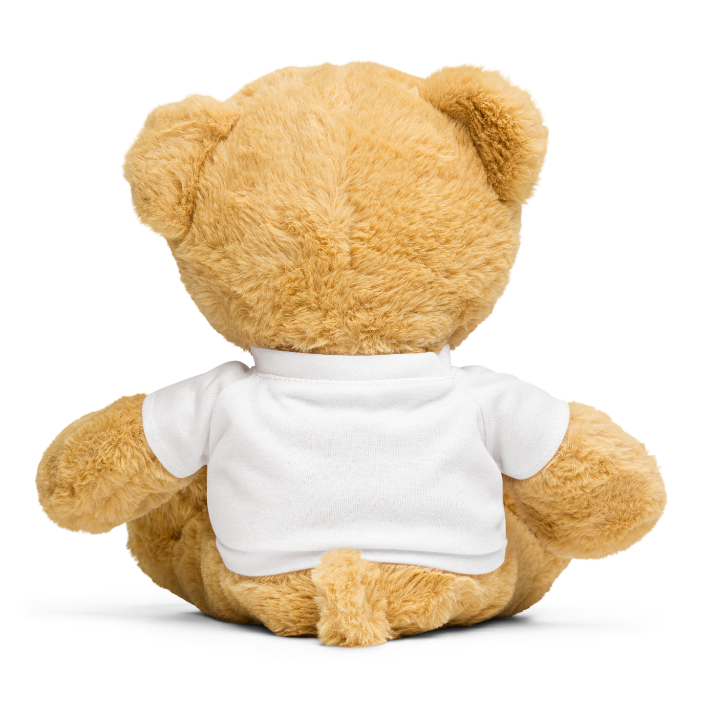 back of Brown teddy bear wearing a white shirt 
