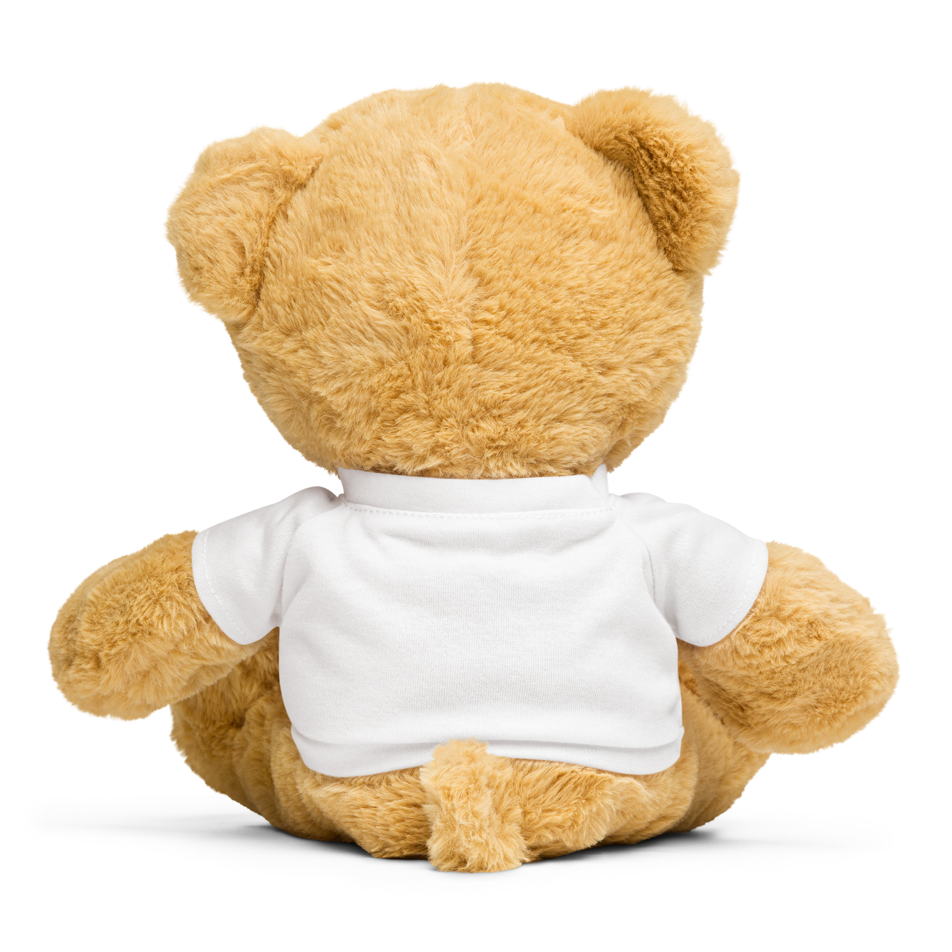 Tan teddy bear wearing a white shirt showing the back of the bear,  on a white background