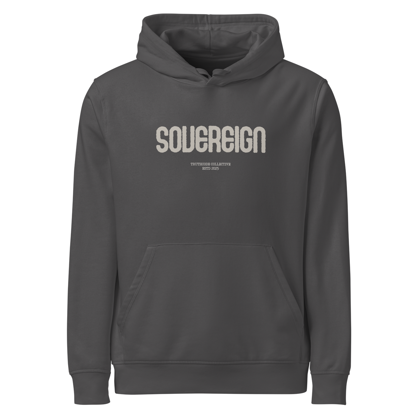 Gray organic hoodie with 'Sovereign' text on a white background