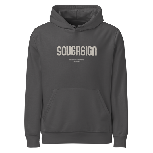 Gray organic hoodie with 'Sovereign' text on a white background