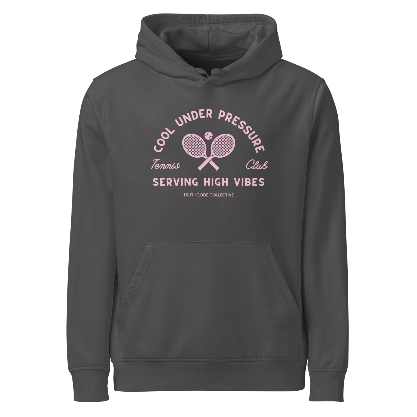 Gray organic hoodie with text 'Cool under pressure, serving high vibes' and 'Tennis club' with a tennis racket design on a white background