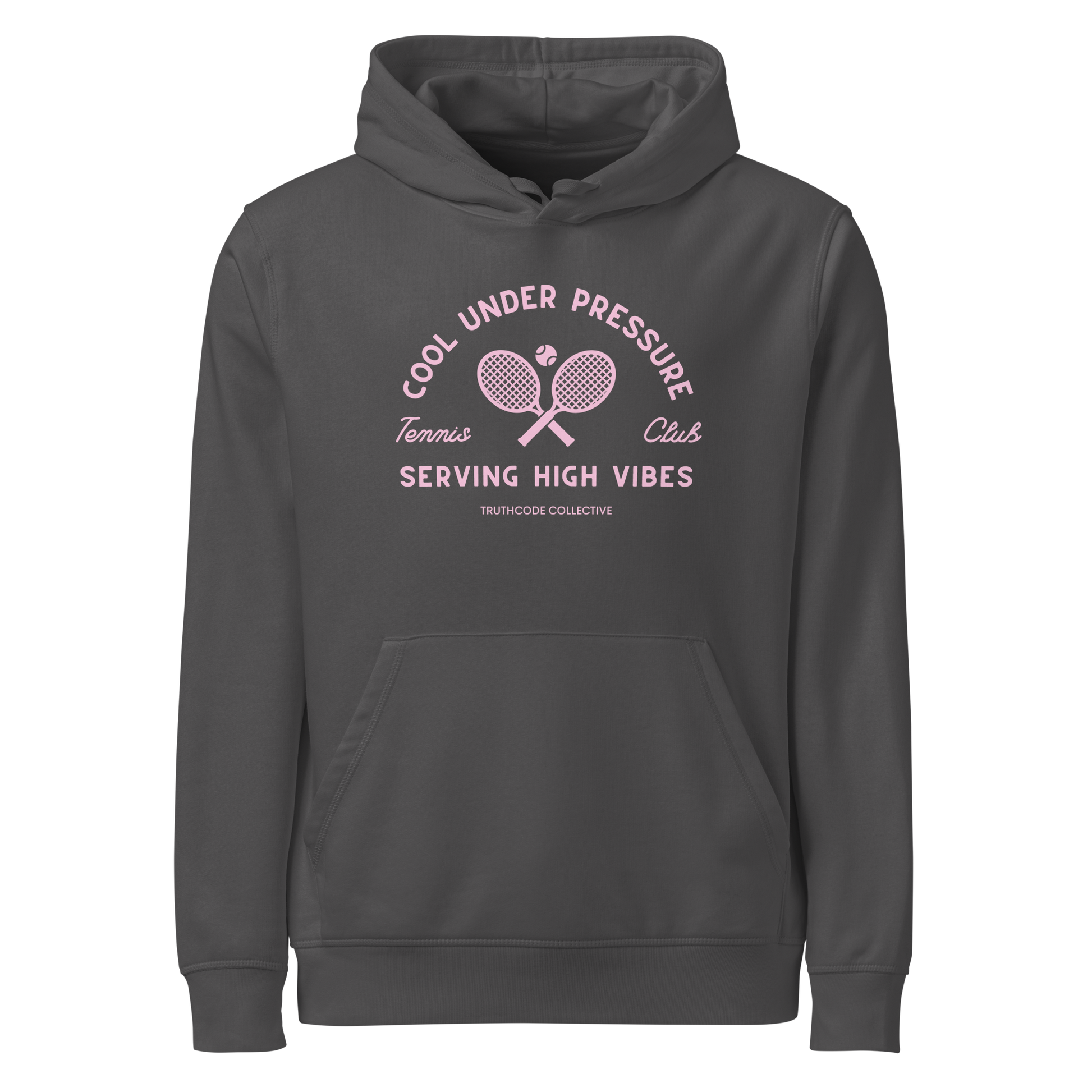 Gray organic hoodie with text 'Cool under pressure, serving high vibes' and 'Tennis club' with a tennis racket design on a white background