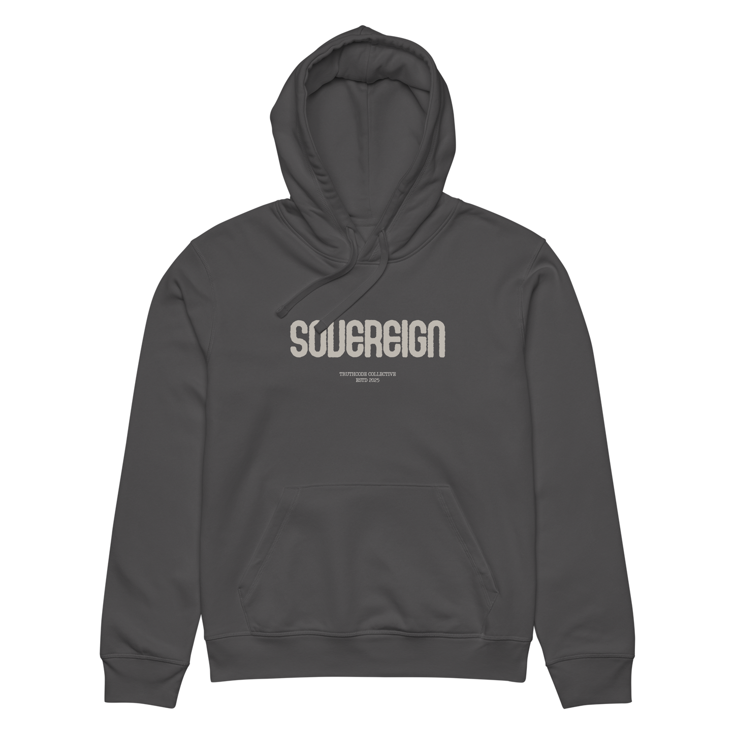Dark gray organic hoodie with 'SOVEREGN' text design on a white background