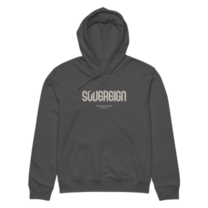 Dark gray organic hoodie with 'SOVEREGN' text design on a white background