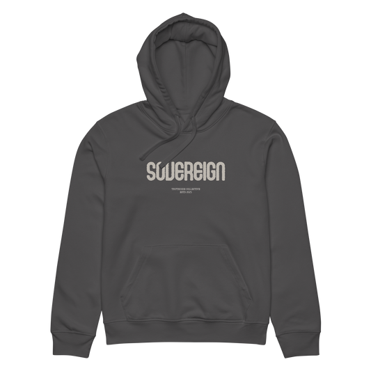 Dark gray organic hoodie with 'SOVEREGN' text design on a white background