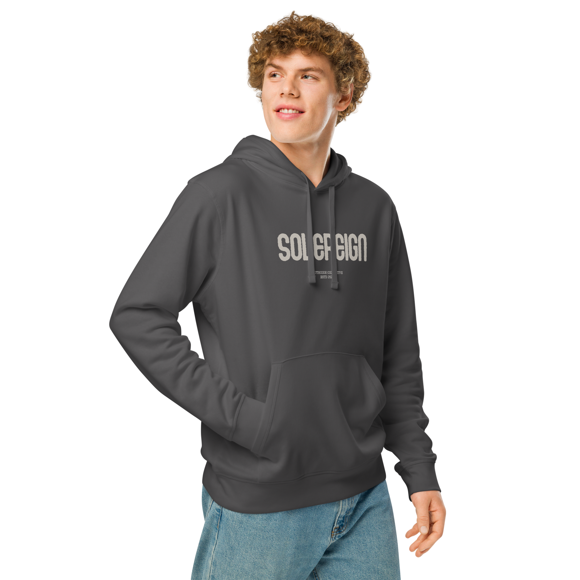 Guy wearing gray organic hoodie with 'Sovereign' text on a white background