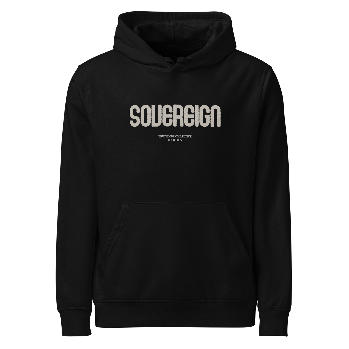 Black organic hoodie with 'Sovereign' text on a white background