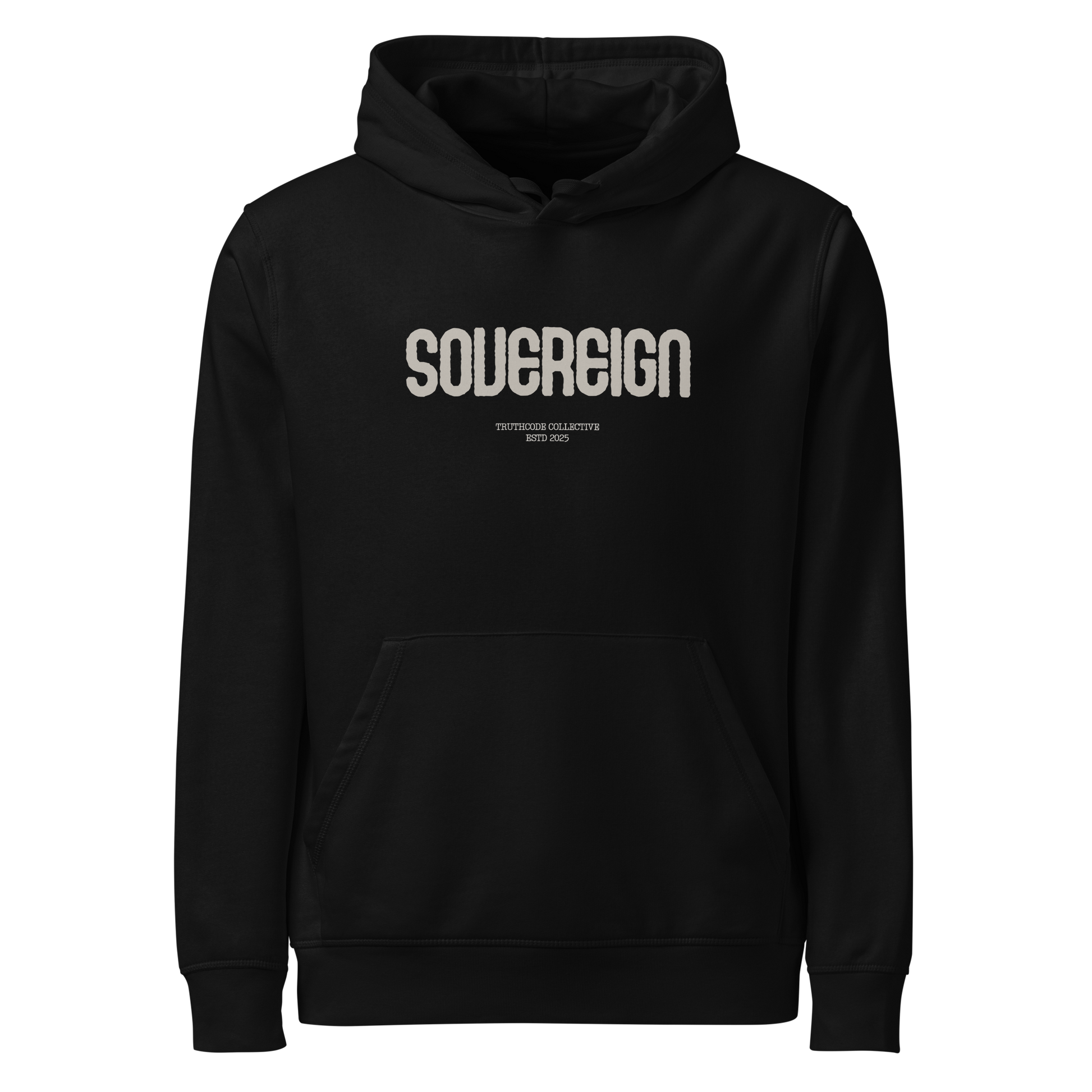 Black organic hoodie with 'Sovereign' text on a white background