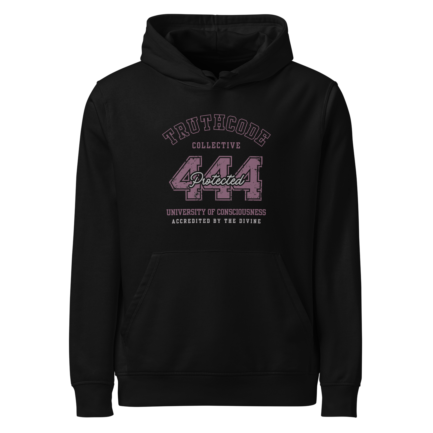 Black organic hoodie with maroon text '444, protected' and 'University of consciousness, accredited by the divine'  on a white background