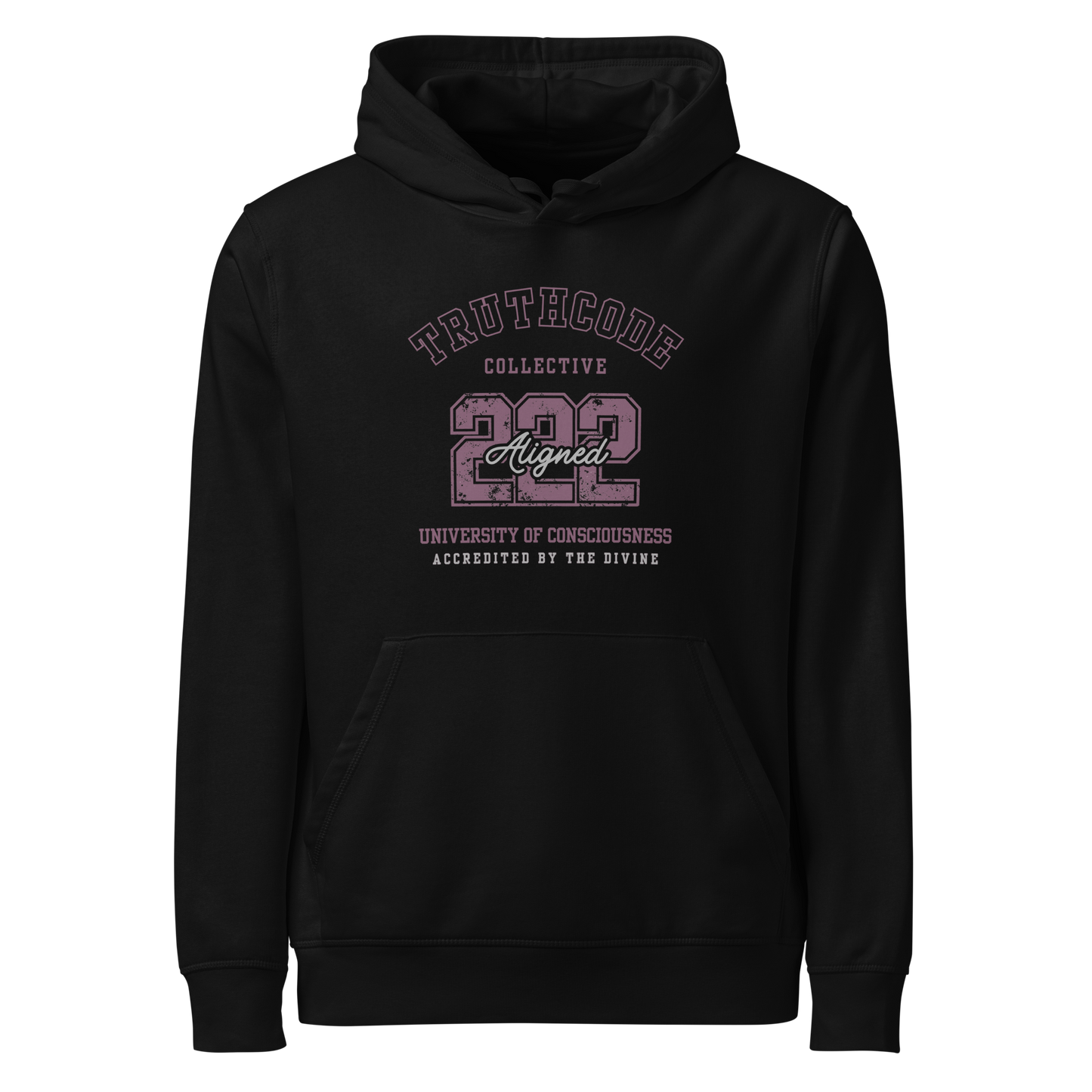 Black organic hoodie with purple text '222, ALigned' and 'University of consciousness, accredited by the divine'  on a white background