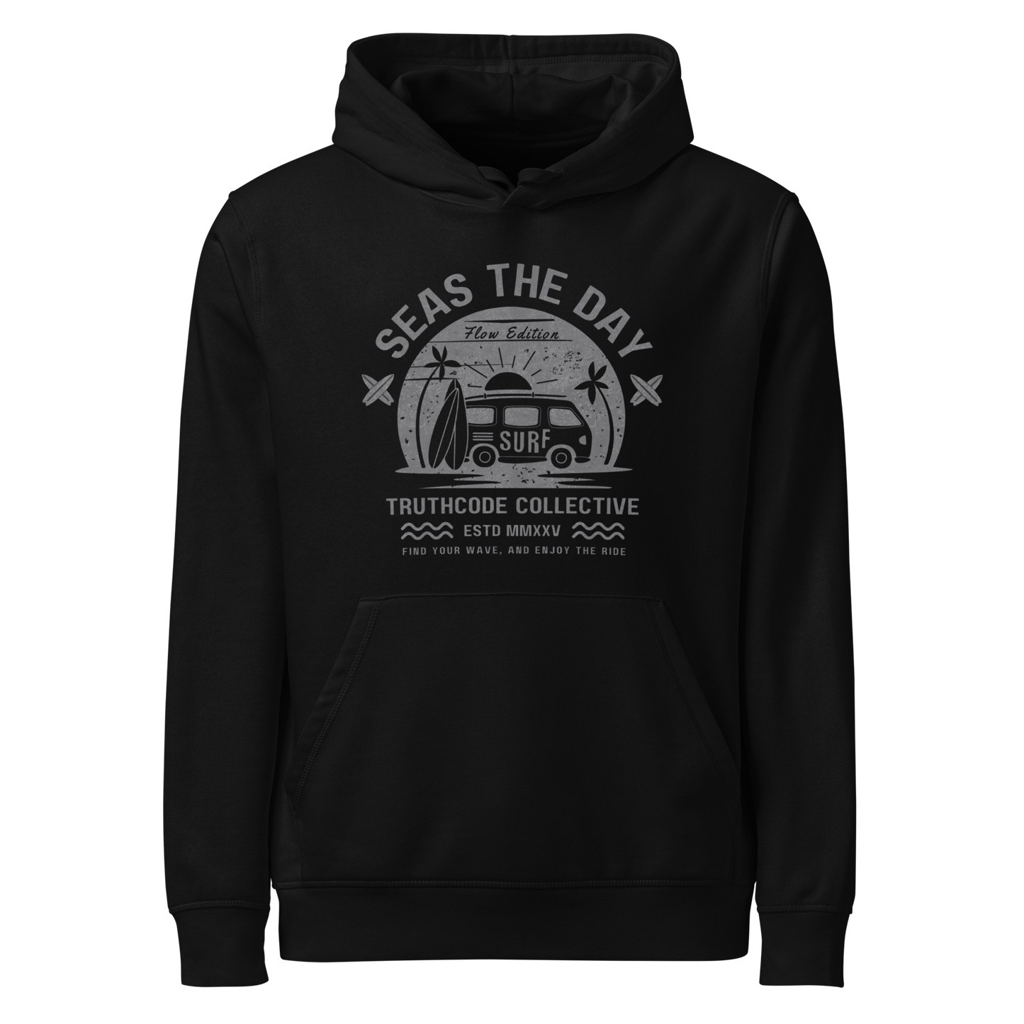 Black organic hoodie with graphic design of a vintage surfing van and text 'SEAS THE DAY' on a white background