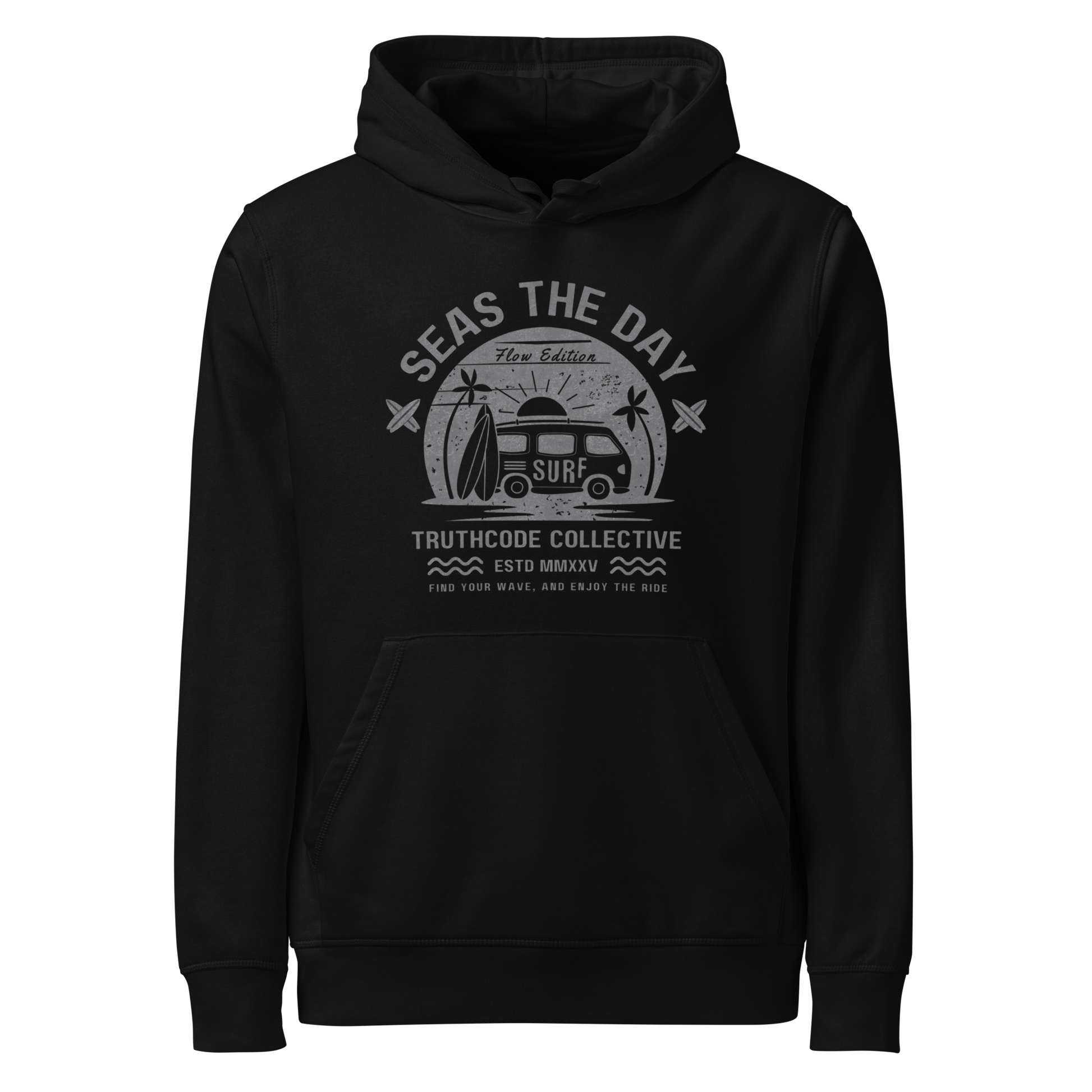 Black organic hoodie with graphic design of a vintage surfing van and text 'SEAS THE DAY' on a white background