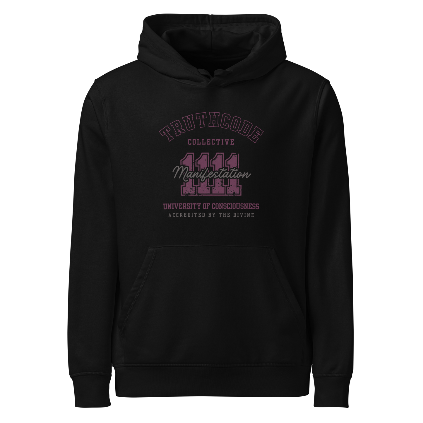 Black organic hoodie with text design '1111 Manifestation' and 'University of Consciousness'  on a white background