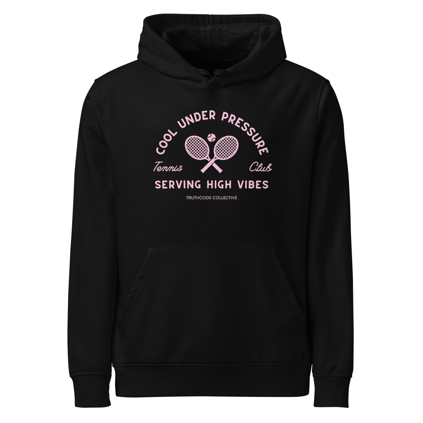 Black organic hoodie with text 'Cool under pressure, serving high vibes' and 'Tennis club' with a tennis racket design on a white background