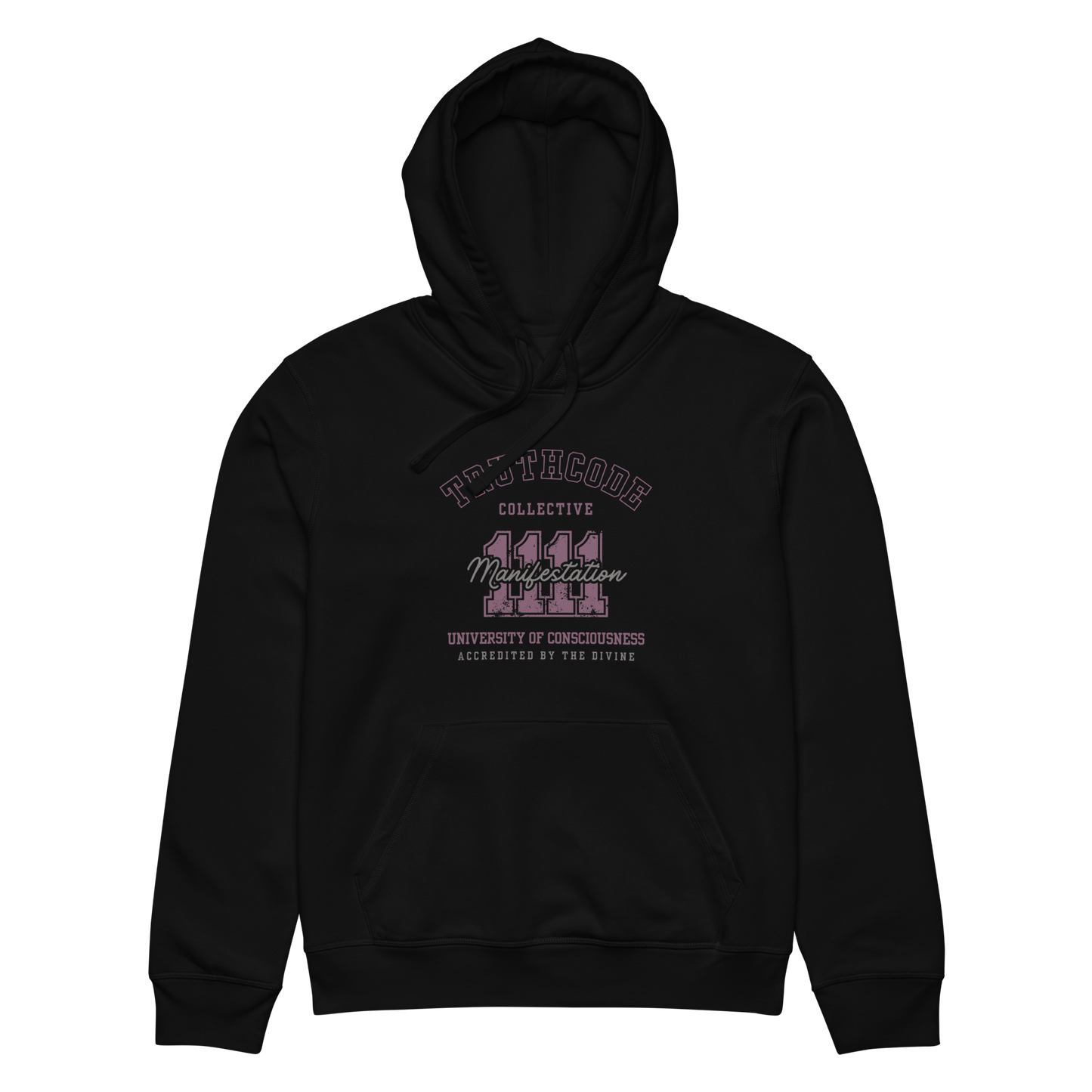 Black organic hoodie with text design '1111 Manifestation' and 'University of Consciousness' on a white background