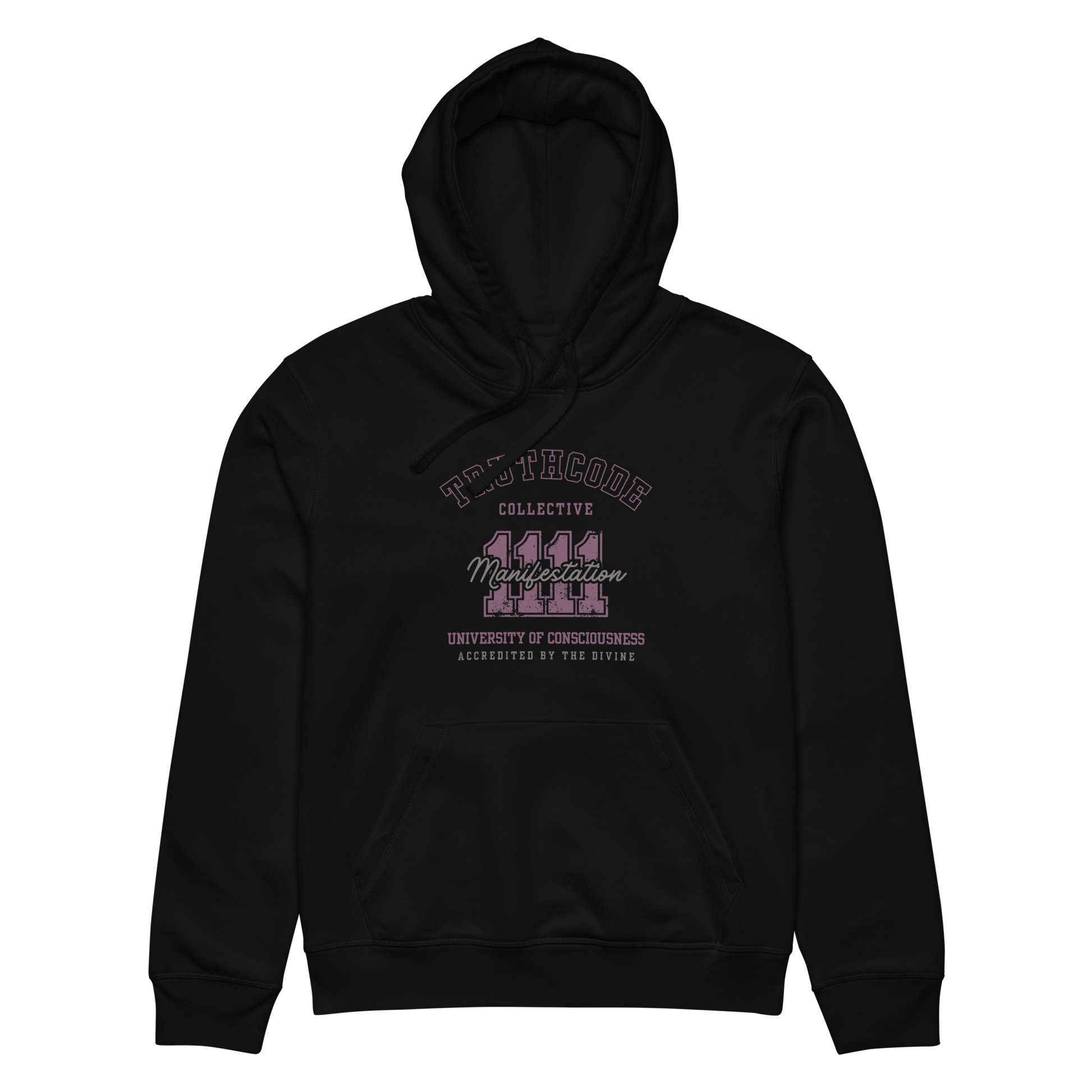 Black organic hoodie with text design '1111 Manifestation' and 'University of Consciousness' on a white background