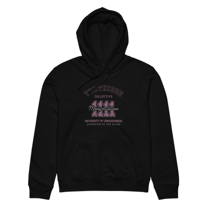 Black organic hoodie with text design '1111 Manifestation' and 'University of Consciousness' on a white background