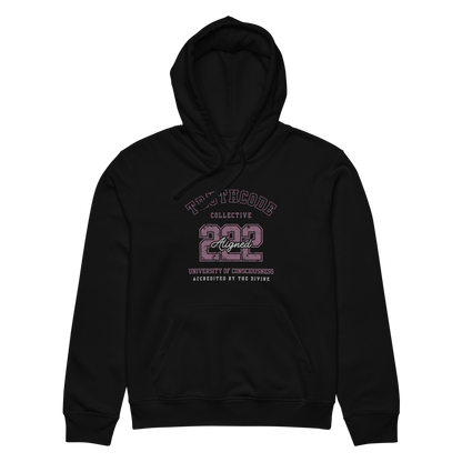 Black organic hoodie with text design '222 Aligned' and 'University of Consciousness' on a white background