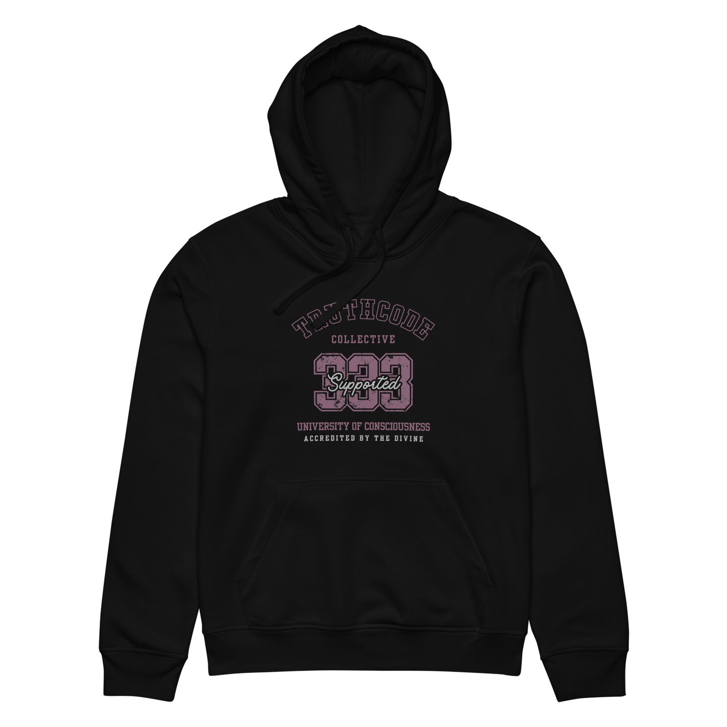 Black organic hoodie with text design '333 Supported' and 'University of Consciousness' on a white background