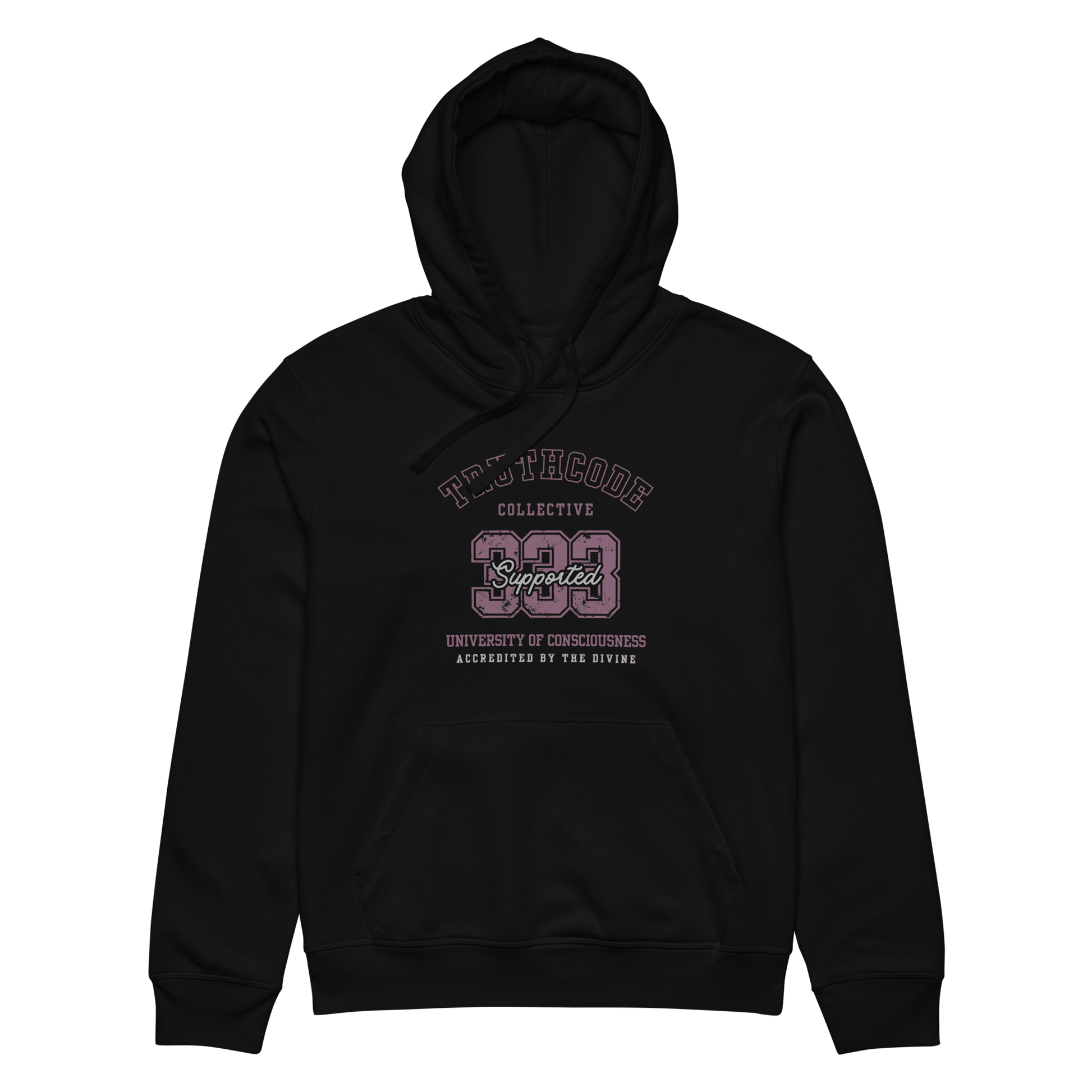 Black organic hoodie with text design '333 Supported' and 'University of Consciousness' on a white background