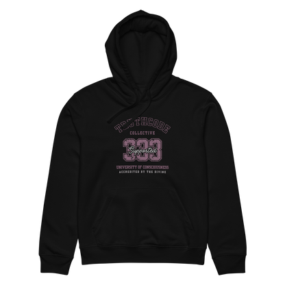Black organic hoodie with text design '333 Supported' and 'University of Consciousness' on a white background