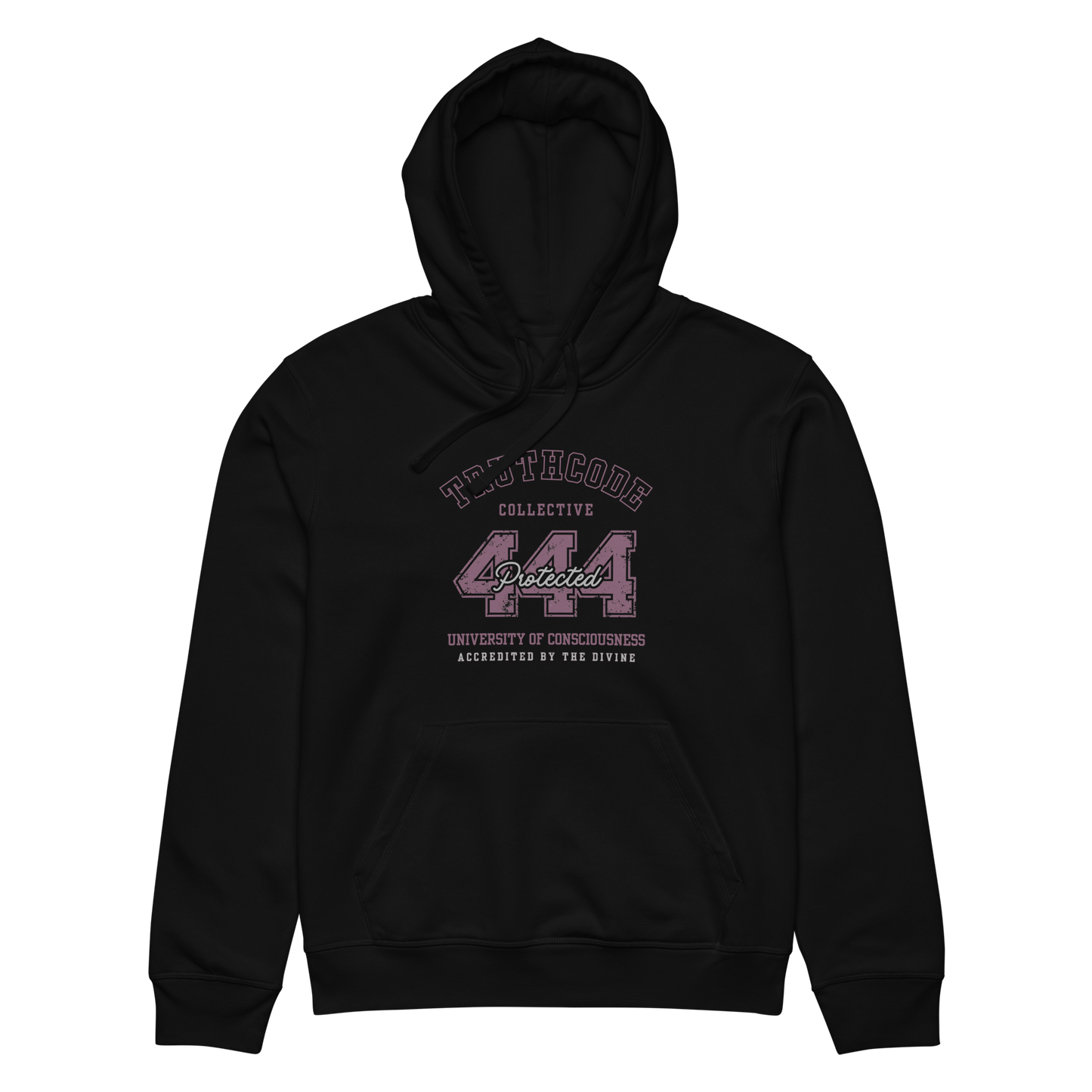 Black organic hoodie with text design '444 Protected' and 'University of Consciousness' on a white background