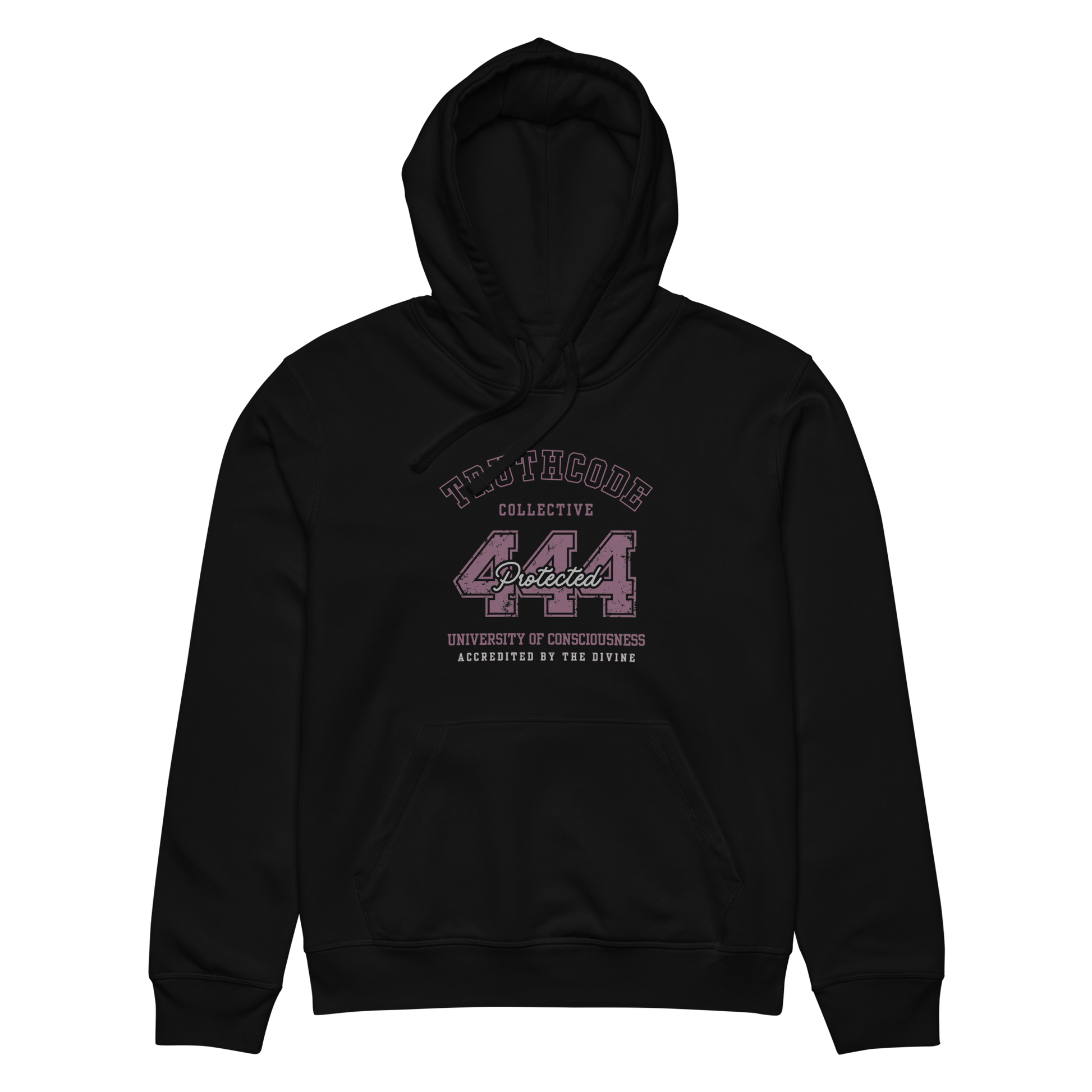 Black organic hoodie with text design '444 Protected' and 'University of Consciousness' on a white background