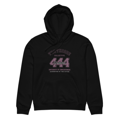 Black organic hoodie with text design '444 Protected' and 'University of Consciousness' on a white background