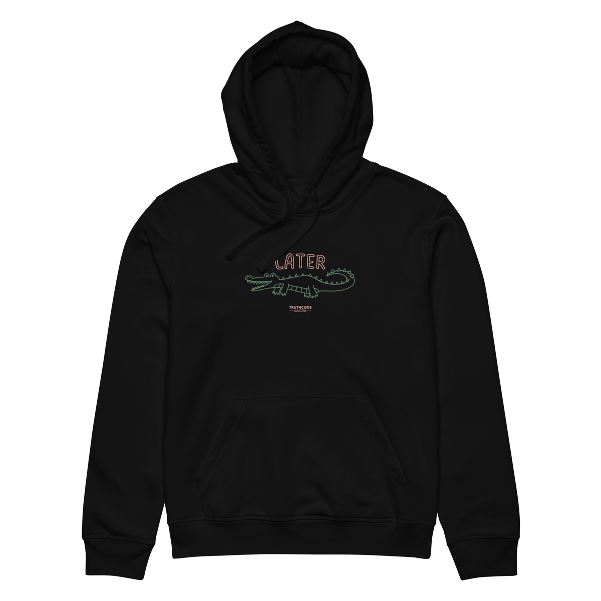Black organic hoodie with text 'Later' and alligator graphic design on a white background