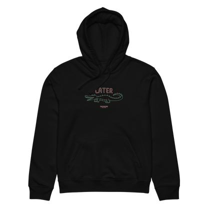 Black organic hoodie with text 'Later' and alligator graphic design on a white background