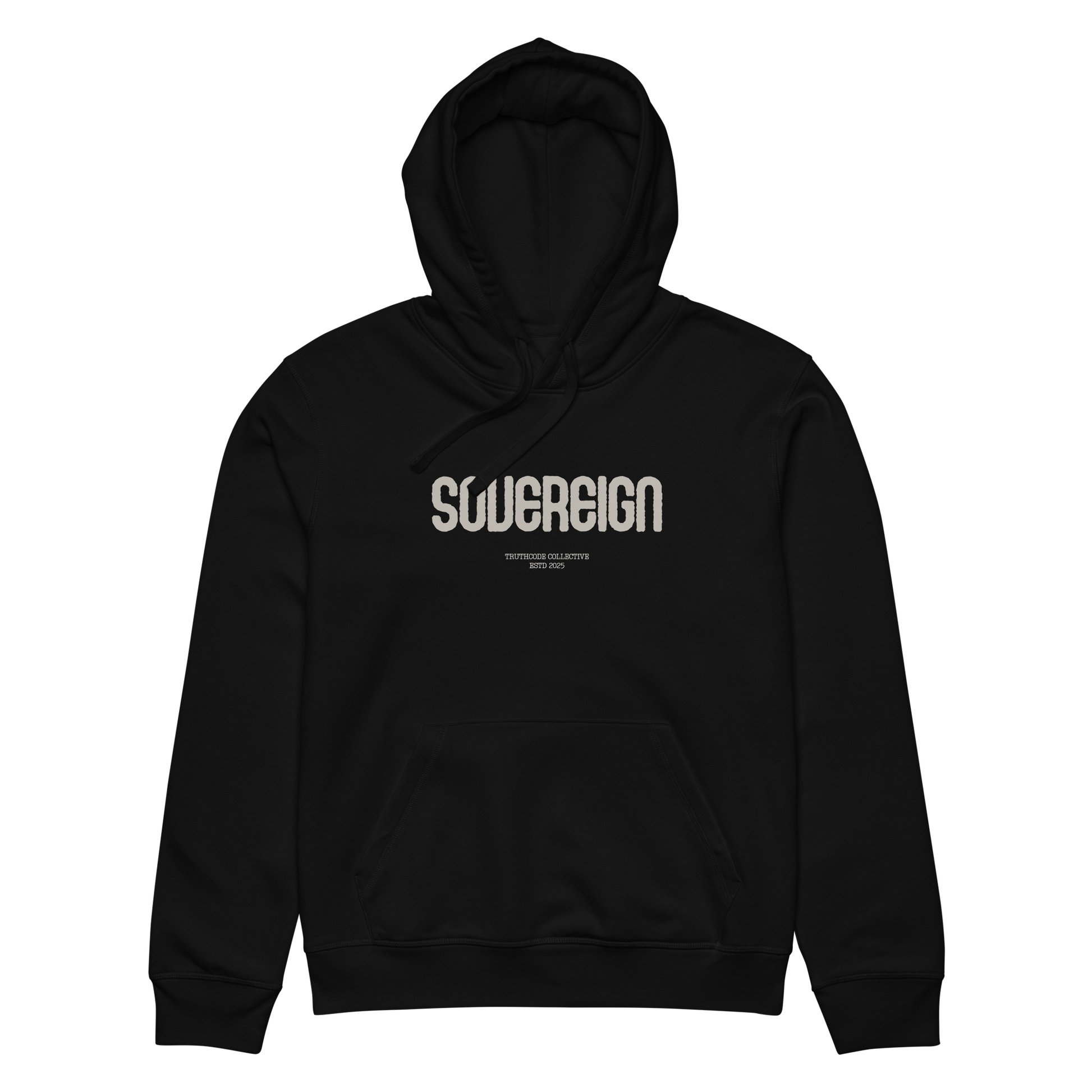 Black organic hoodie with 'SOVEREGN' text design on a white background