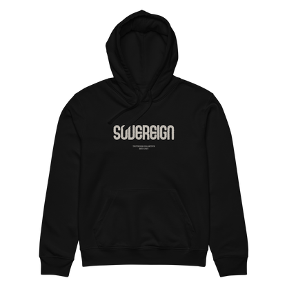 Black organic hoodie with 'SOVEREGN' text design on a white background