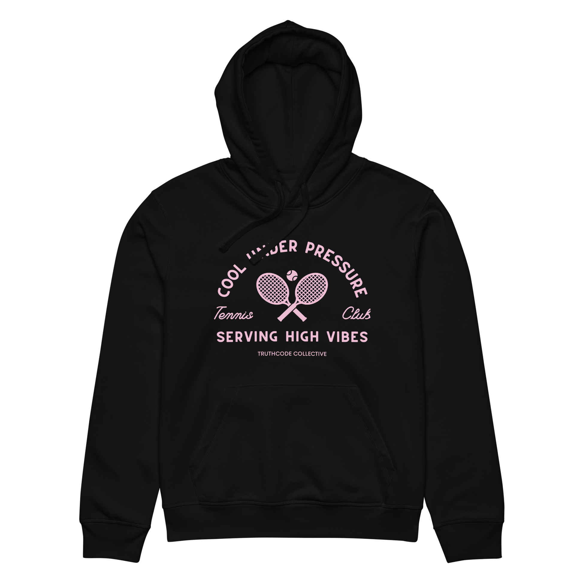 Black organic hoodie with pink and white text 'Cool under pressure, serving high vibes' and tennis graphics on a white background