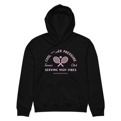Black organic hoodie with pink and white text 'Cool under pressure, serving high vibes' and tennis graphics on a white background