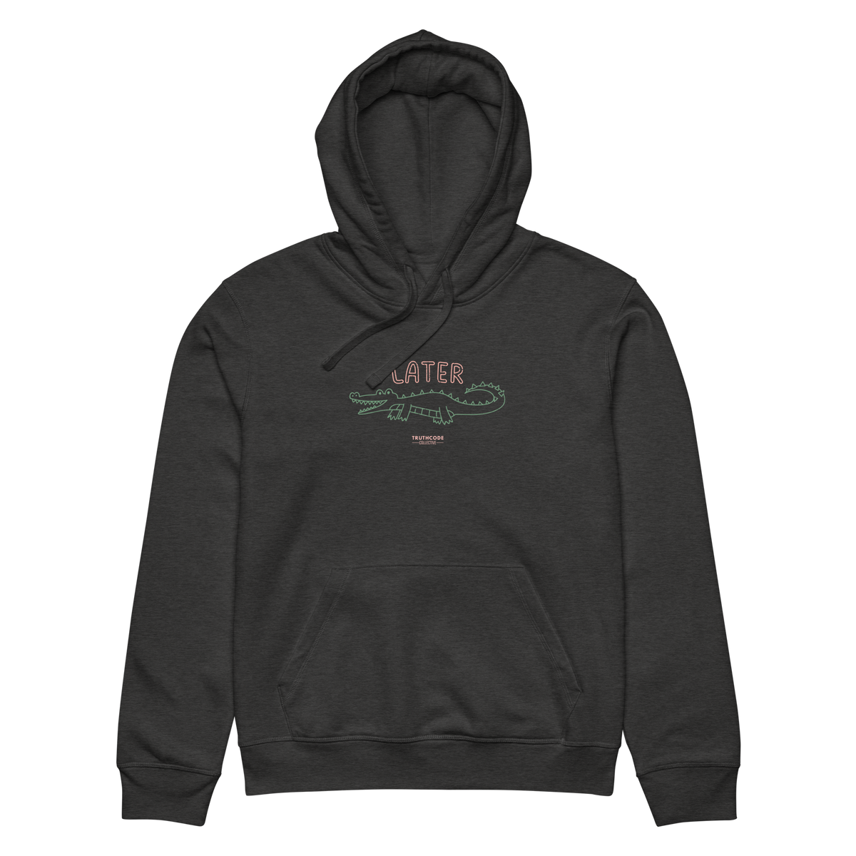 Dark gray organic hoodie with text 'Later' and alligator graphic design on a white background