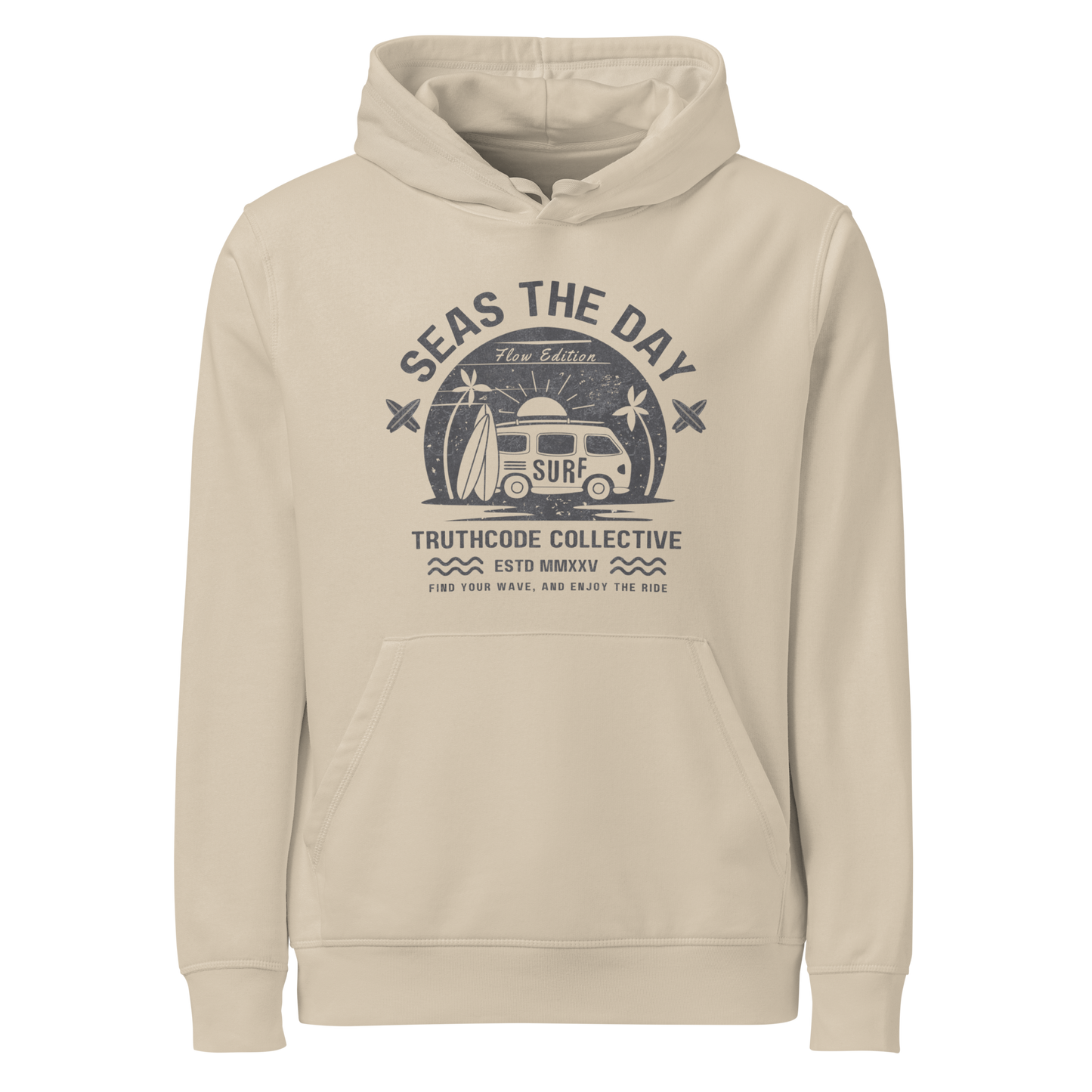 Beige organic hoodie with graphic design of a vintage surfing van and text 'SEAS THE DAY' on a white background