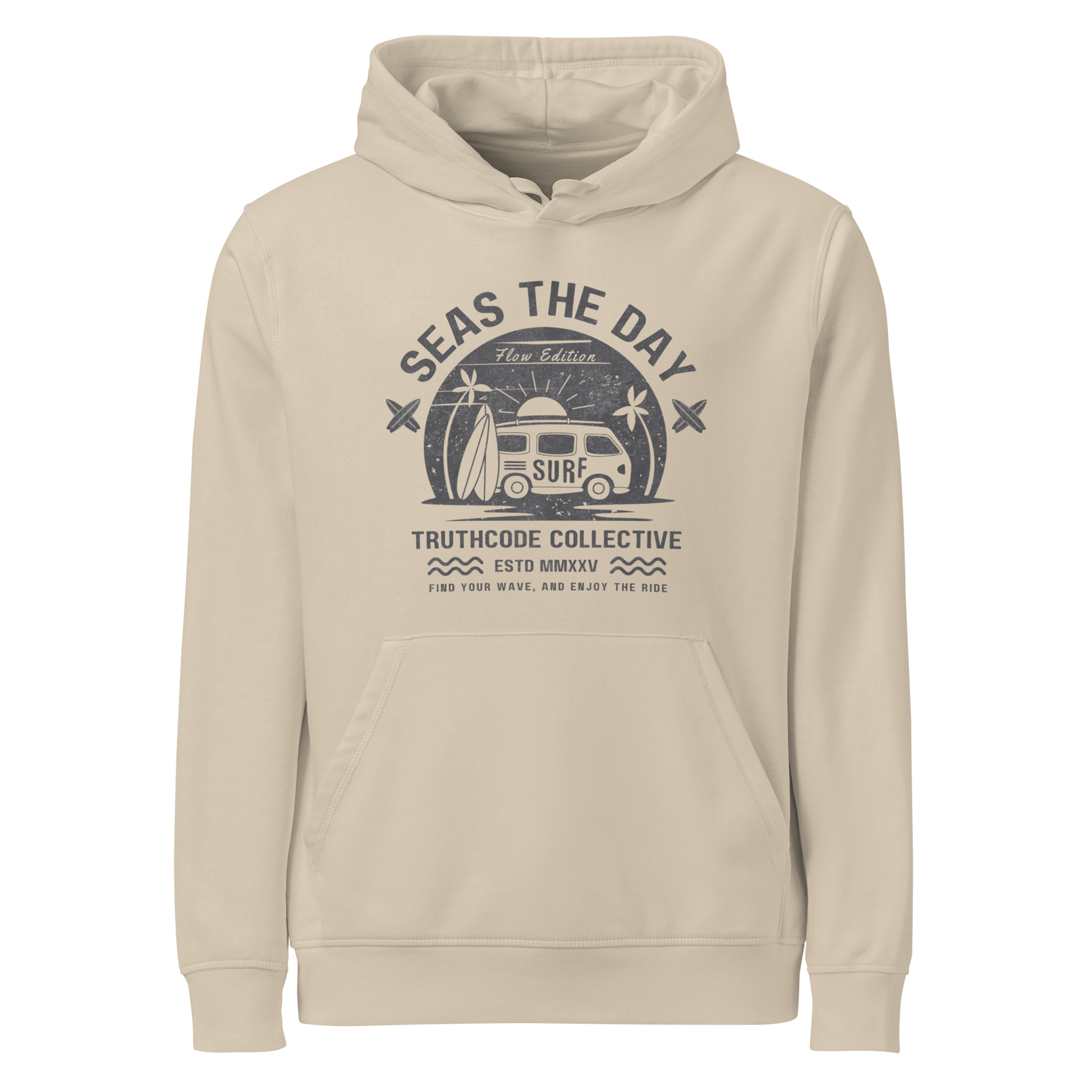 Beige organic hoodie with graphic design of a vintage surfing van and text 'SEAS THE DAY' on a white background