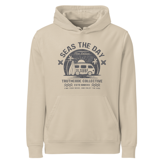 Beige organic hoodie with graphic design of a vintage surfing van and text 'SEAS THE DAY' on a white background