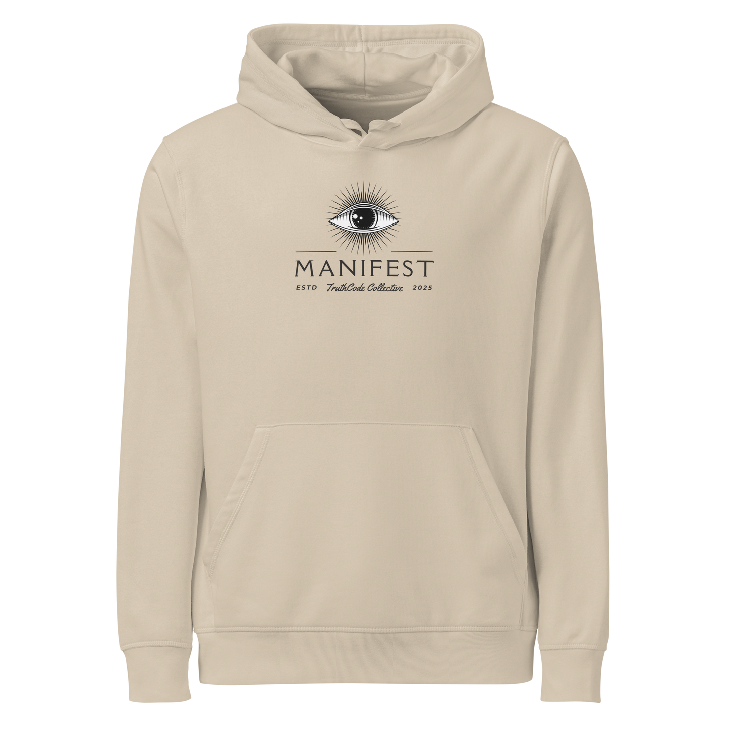 Beige organic hoodie with text 'Manifest' and graphic design of an eye on a white background