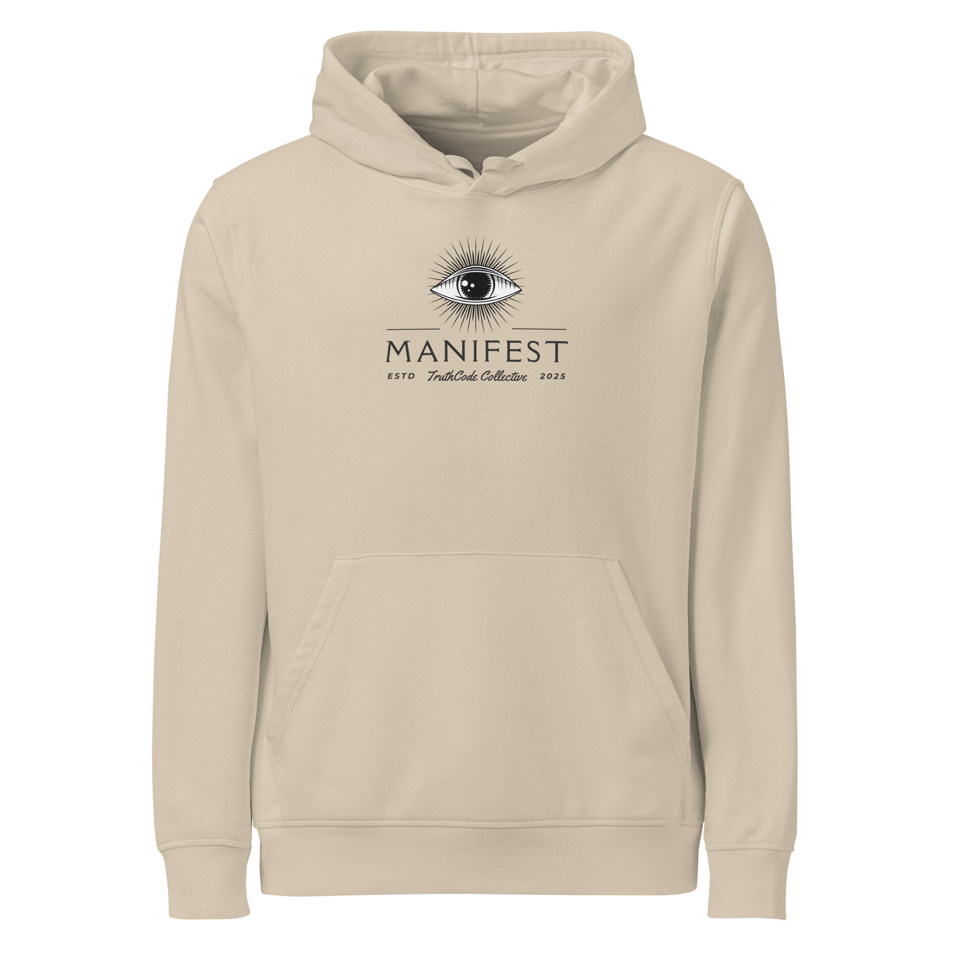 Beige organic hoodie with text 'Manifest' and graphic design of an eye on a white background