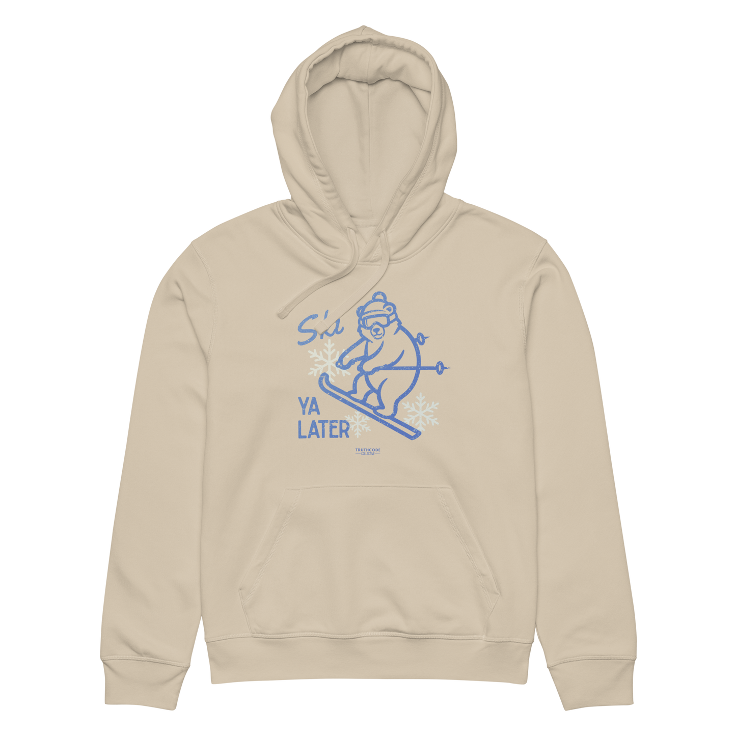 Beige organic hoodie with a skiing bear graphic and text 'Ski you later' on a white background