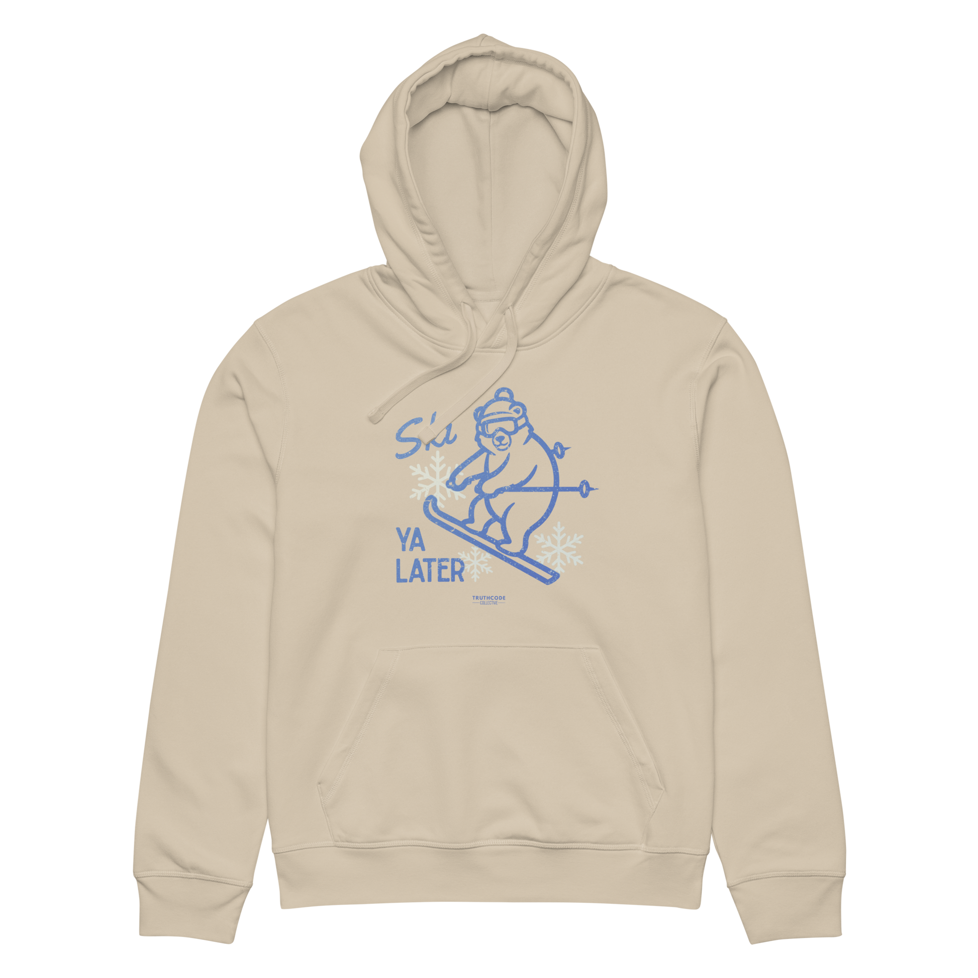Beige organic hoodie with a skiing bear graphic and text 'Ski you later' on a white background