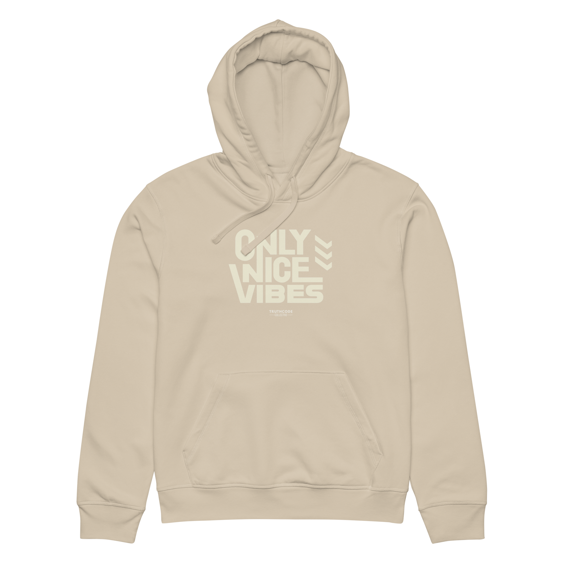 Beige organic hoodie with 'Only Nice Vibes' text design on a white background