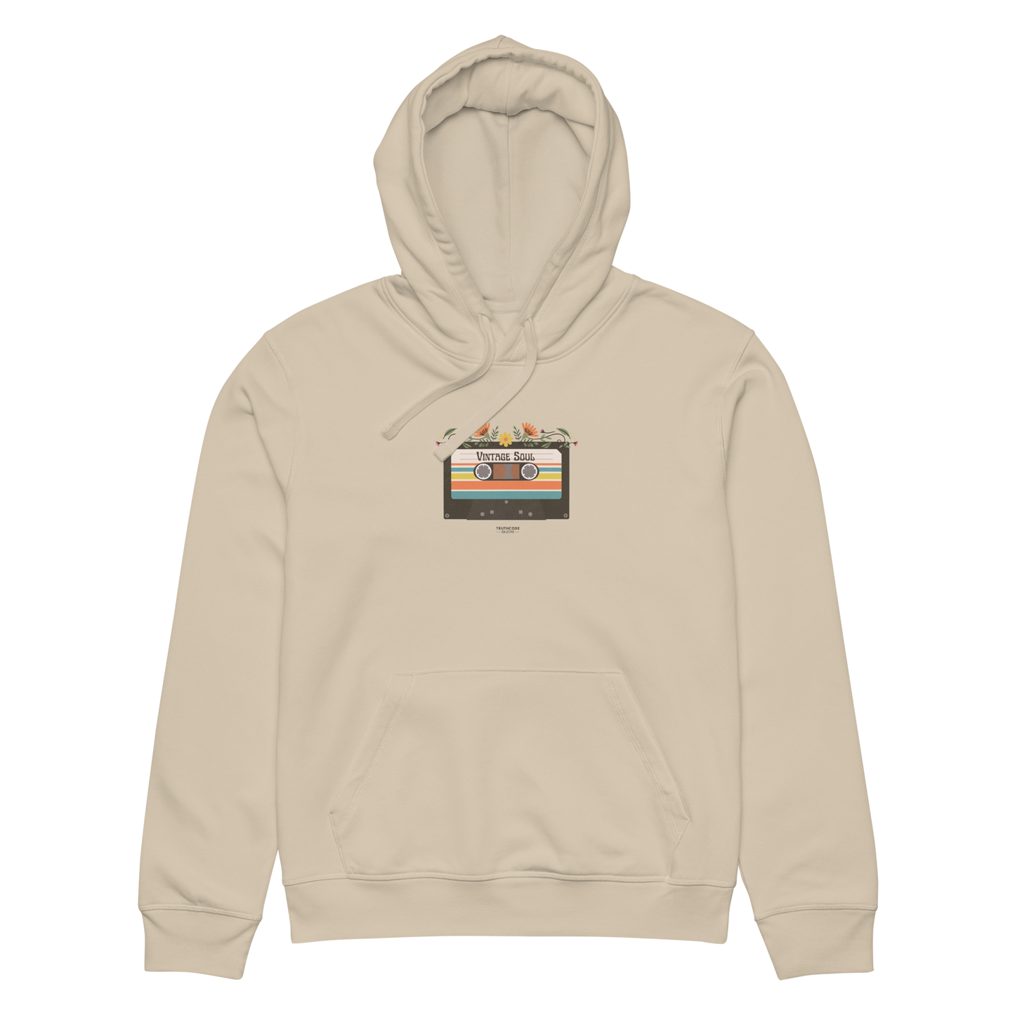 Beige organic hoodie with a graphic design of cassette tape and 'Vintage soul' text, against a white background