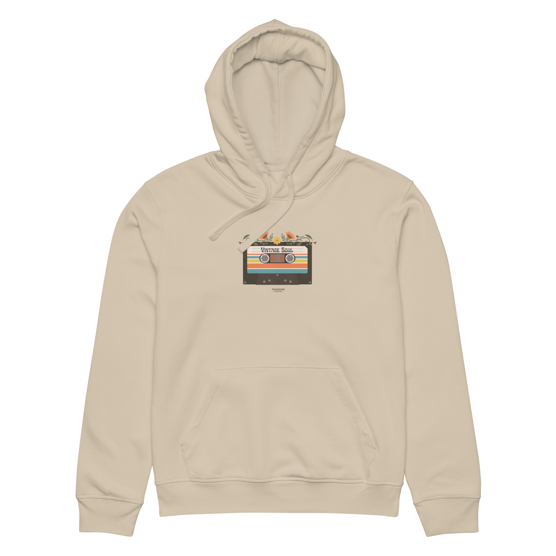 Beige organic hoodie with a graphic design of cassette tape and 'Vintage soul' text, against a white background