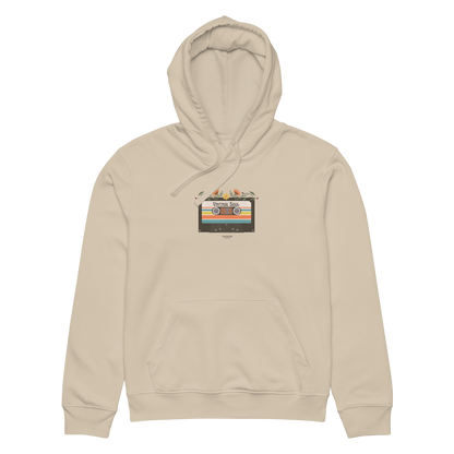Beige organic hoodie with a graphic design of cassette tape and 'Vintage soul' text, against a white background