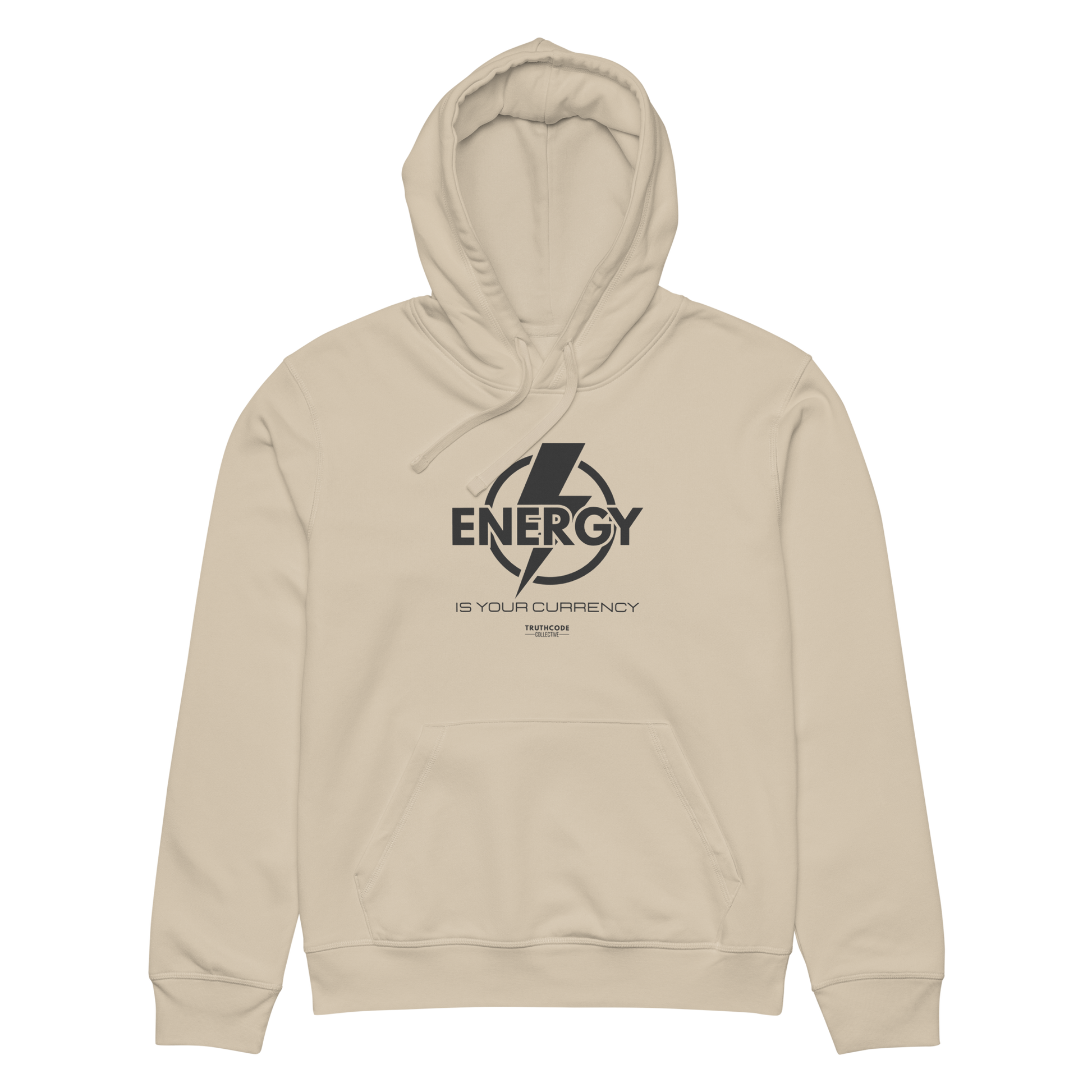 Beige organic hoodie with lightening bolt graphic and text 'Energy is your currency' on a white background