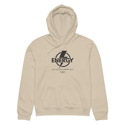 Beige organic hoodie with lightening bolt graphic and text 'Energy is your currency' on a white background