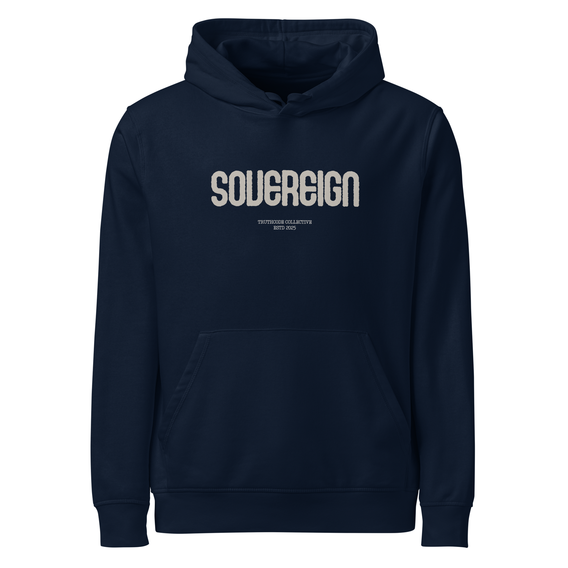 Navy blue organic hoodie with 'Sovereign' text on a white background